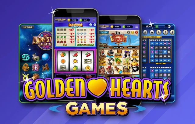 A montage of mobile slot games displayed on smartphones, including 'Lucky 1st Slots,' 'Old School Slots,' 'Tattooed,' and a bingo game. The text 'Golden Hearts Games' is prominently featured at the bottom in bold yellow and purple letters.